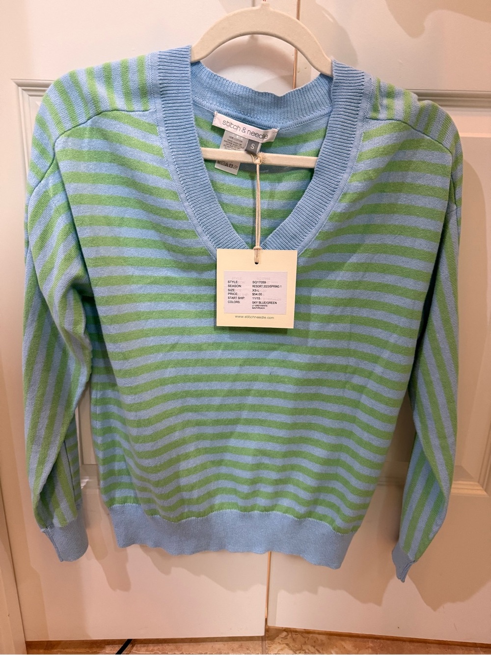 Stitch & Needle Sky Blue and Mint Green Striped V-Neck Sweater